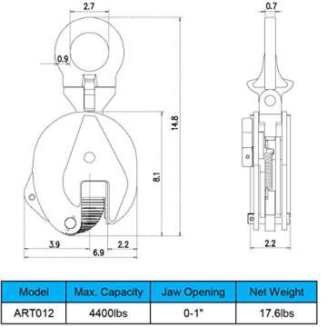 Amarite Vertical Plate Clamp, 4400lbs Steel Plate Lifting Clamp,2T，Jaw Opening up to 0.6 inch, for Lifting and Transporting