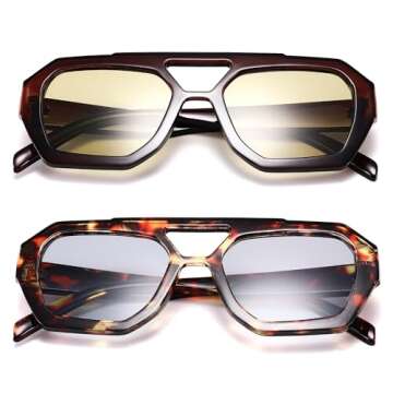 Hycredi Retro Aviator Sunglasses for Women Men, Trendy Hexagonal Thick Frame Shades Square Double Bridge Sun Glasses - Brown/Yellow + Leopard/Light Gray
