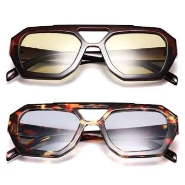 Hycredi Retro Aviator Sunglasses for Women Men, Trendy Hexagonal Thick Frame Shades Square Double Bridge Sun Glasses - Brown/Yellow + Leopard/Light Gray