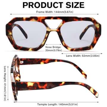 Hycredi Retro Aviator Sunglasses for Women Men, Trendy Hexagonal Thick Frame Shades Square Double Bridge Sun Glasses - Brown/Yellow + Leopard/Light Gray