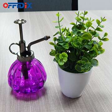 OFFIDIX Glass Watering Spray Bottle, 6.3" Tall Vintage Style Plant Mister with Bronze Plastic Top Pump One Hand Watering Can Glass Spary Bottle (Dark Purple)
