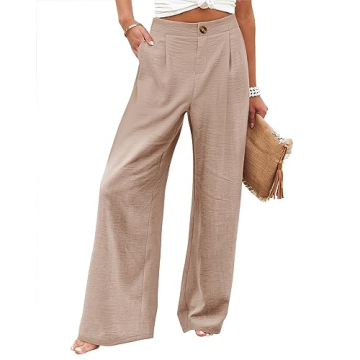 Angerella Women's Casual Elastic High Waisted Wide Leg Pants with Pockets - Khaki L