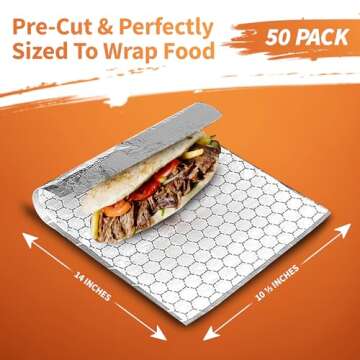 Insulated Sandwich Wrap Aluminum Foil Paper Sheets - 50 Pack for Hot Food