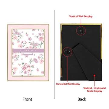 Laura Ashley 5x7 Pink Enamel Picture Frame, Gold Metal Edge with Easel, for Countertop, Counterspace...