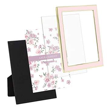 Laura Ashley 5x7 Pink Enamel Picture Frame, Gold Metal Edge with Easel, for Countertop, Counterspace, Tabletop Display, Bookshelf, Desk, Wall Décor, Photo Gallery
