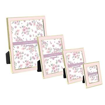Laura Ashley 5x7 Pink Enamel Picture Frame, Gold Metal Edge with Easel, for Countertop, Counterspace, Tabletop Display, Bookshelf, Desk, Wall Décor, Photo Gallery
