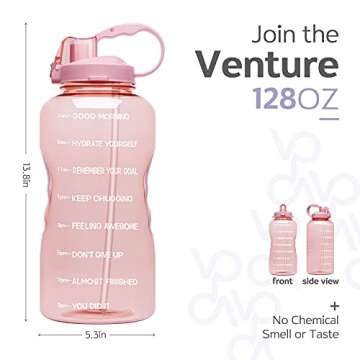 Venture Pal Large 1 Gallon/128 OZ (When Full) Motivational BPA Free Leakproof Water Bottle with Straw & Time Marker Perfect for Fitness Gym Camping Outdoor Sports-Light Pink