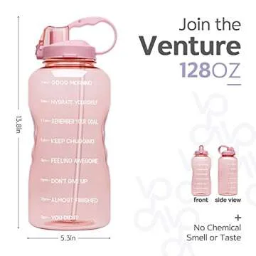 Venture Pal Large 1 Gallon/128 OZ (When Full) Motivational BPA Free Leakproof Water Bottle with Straw & Time Marker Perfect for Fitness Gym Camping Outdoor Sports-Light Pink