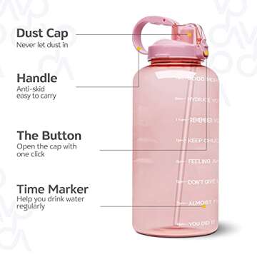 Venture Pal Large 1 Gallon/128 OZ (When Full) Motivational BPA Free Leakproof Water Bottle with Straw & Time Marker Perfect for Fitness Gym Camping Outdoor Sports-Light Pink