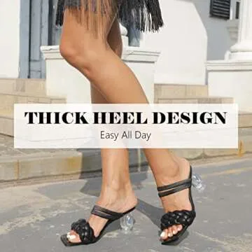 Jiu du Women's Braided Chunky Heeled Sandals Square Open Toe Strappy Dress Backless Pumps Mules Slip On Block Heels Shoes Black PU Size US10 CN 41