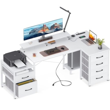 KKL L Shaped Computer Desk with File Drawers & 3 Power Outlets & 2 USB Ports, 72 Inch Home Office De...