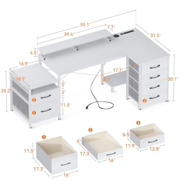 KKL 72 Inch L Shaped Computer Desk with USB Ports and Storage