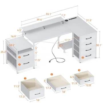 KKL 72 Inch L Shaped Computer Desk with USB Ports and Storage