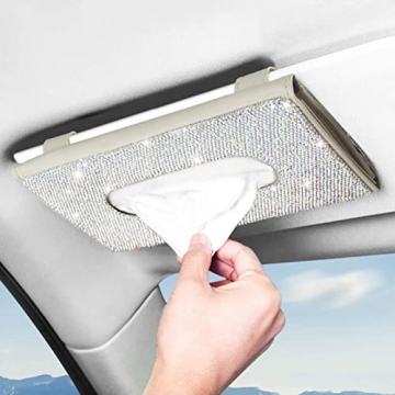 【2024 Upgraded】 Bling Car Sun Visor Tissue Box with Refills Paper Towels, PU Leather Backseat Mask Case,Crystal Sparkling Napkin Holder, Handmade Decoration Accessories for Women,Girls,Ladies as Gift