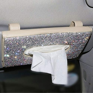 【2024 Upgraded】 Bling Car Sun Visor Tissue Box with Refills Paper Towels, PU Leather Backseat Mask Case,Crystal Sparkling Napkin Holder, Handmade Decoration Accessories for Women,Girls,Ladies as Gift