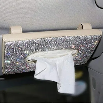 【2024 Upgraded】 Bling Car Sun Visor Tissue Box with Refills Paper Towels, PU Leather Backseat Mask Case,Crystal Sparkling Napkin Holder, Handmade Decoration Accessories for Women,Girls,Ladies as Gift