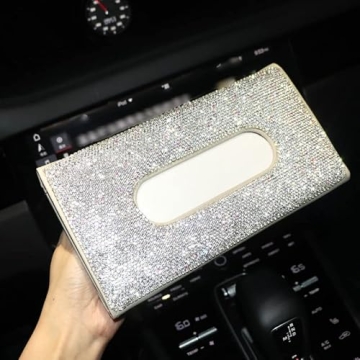 【2024 Upgraded】 Bling Car Sun Visor Tissue Box with Refills Paper Towels, PU Leather Backseat Mask Case,Crystal Sparkling Napkin Holder, Handmade Decoration Accessories for Women,Girls,Ladies as Gift