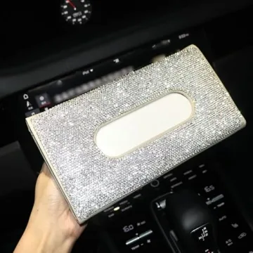 【2024 Upgraded】 Bling Car Sun Visor Tissue Box with Refills Paper Towels, PU Leather Backseat Mask Case,Crystal Sparkling Napkin Holder, Handmade Decoration Accessories for Women,Girls,Ladies as Gift