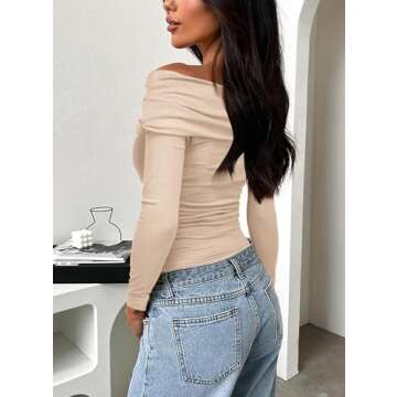 Darong Women's Ruched Long Sleeve One Shoulder Slim Fitted Tee Top T Shirt 9033 Apricot S