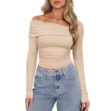 Darong Women's Ruched Long Sleeve One Shoulder Slim Fitted Tee Top T Shirt 9033 Apricot S
