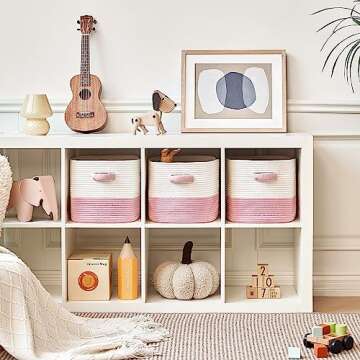R RUNKA Storage Cube Baskets for Organizing 11 inch-3 Pack- Square Baskets for Cube Storage, Closet Storage Bins - Woven Cube Storage Bins for Shelves- Cube Drawer- Ideal for Toy Storage White & Pink