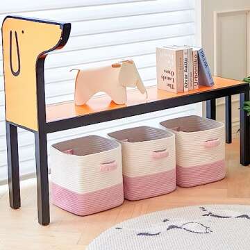 R RUNKA Storage Cube Baskets for Organizing 11 inch-3 Pack- Square Baskets for Cube Storage, Closet Storage Bins - Woven Cube Storage Bins for Shelves- Cube Drawer- Ideal for Toy Storage White & Pink