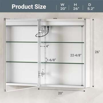 TIFULLHOME Lighted Medicine Cabinet 20x26 Inch, Aluminum Alloy Frame with Side Mirrors & Dual Mirrored Doors, Recessed or Wall Mount, 3 Colors/Dimmable/Defogger, 2 Outlets & USBs, 2-Shelf, ETL Listed