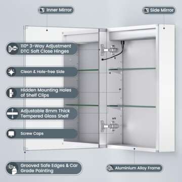 TIFULLHOME Lighted Medicine Cabinet 20x26 Inch, Aluminum Alloy Frame with Side Mirrors & Dual Mirrored Doors, Recessed or Wall Mount, 3 Colors/Dimmable/Defogger, 2 Outlets & USBs, 2-Shelf, ETL Listed
