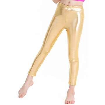 speerise Girls Kids High Waisted Shiny Metallic Dance Fashion Leggings, Gold, 4-6