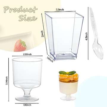 mwellewm 300 Packs Dessert Cups with Spoons, 5 OZ Mini Clear Plastic Dessert Parfait Cup for Party, Square Dessert Shot Glasse Round Goblet Small Reusable Fruit Ice Cream Pudding Appetizer Cup Bowls
