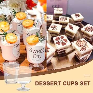mwellewm 300 Packs Dessert Cups with Spoons, 5 OZ Mini Clear Plastic Dessert Parfait Cup for Party, Square Dessert Shot Glasse Round Goblet Small Reusable Fruit Ice Cream Pudding Appetizer Cup Bowls