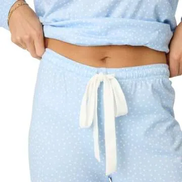 PJ Salvage Women's [Amazon Exclusive] Cloud Jersey Open-Bottom Pajama 2-Piece PJ Set, Ice Blue Dots, Medium