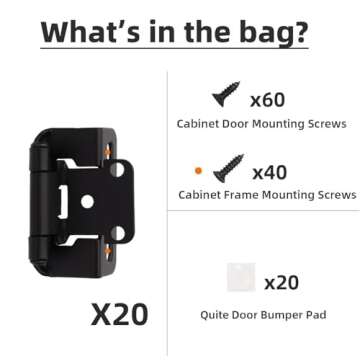 Decobasics 1/2" Overlay Semi Partial Wrap Around Kitchen Cabinet Hinges (10 Pair -20 Pack) - Self Closing Matte Black Cabinet Hinges for Kitchen Cabinets w/Cupboard Silicon Bumpers & Upgraded Screws