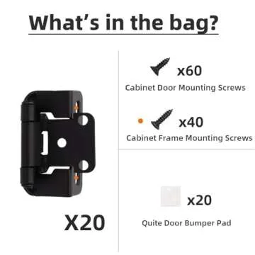 Decobasics 1/2" Overlay Semi Partial Wrap Around Kitchen Cabinet Hinges (10 Pair -20 Pack) - Self Closing Matte Black Cabinet Hinges for Kitchen Cabinets w/Cupboard Silicon Bumpers & Upgraded Screws