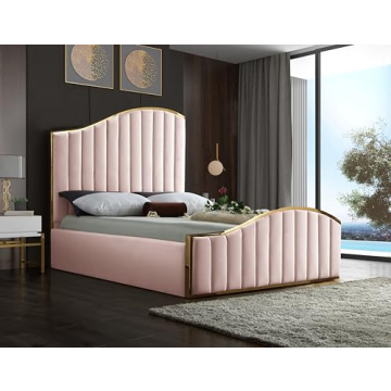 Elegant Meridian Furniture Jolie Queen Bed in Pink Velvet