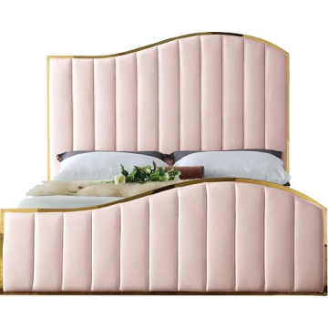 Elegant Meridian Furniture Jolie Queen Bed in Pink Velvet