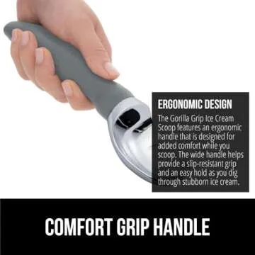 GORILLA GRIP Large, Comfortable Handle, Heavy Duty Ice Cream Scoop, Professional Grade Scooper, Get Perfect Shape Scoops, Great for Spooning Frozen Hard Gelato and Sorbet, Cookie Dough, Melon, Gray