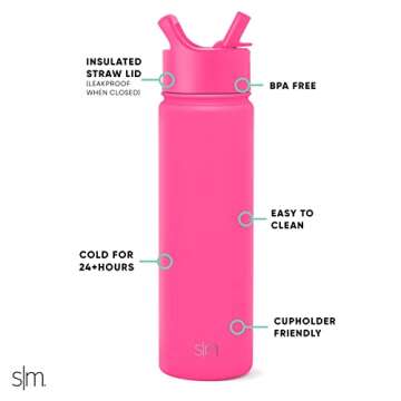 Simple Modern Water Bottle with Straw Lid Vacuum Insulated Stainless Steel Metal Thermos Bottles | Reusable Leak Proof BPA-Free Flask for Gym Sports | Summit Collection | 22oz, Raspberry Vibes
