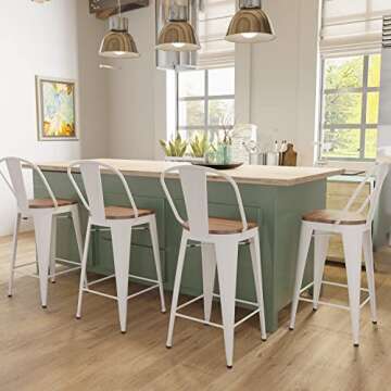 Aklaus Metal Bar Stools Set of 4,30 inch Barstools Bar Height Bar Stools with Backs Farmhouse Bar Stools with Larger Seat High Back Kitchen Dining Chairs Modern Bar Chairs White Cream Stools