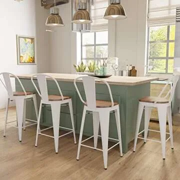 Aklaus Metal Bar Stools Set of 4,30 inch Barstools Bar Height Bar Stools with Backs Farmhouse Bar Stools with Larger Seat High Back Kitchen Dining Chairs Modern Bar Chairs White Cream Stools