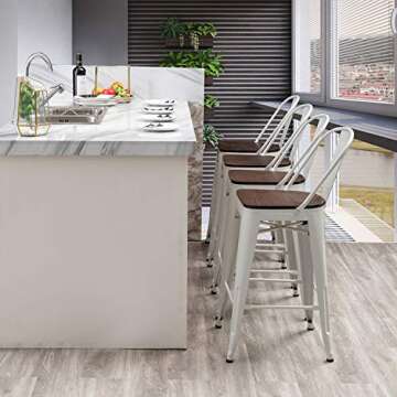 Aklaus Metal Bar Stools Set of 4,30 inch Barstools Bar Height Bar Stools with Backs Farmhouse Bar Stools with Larger Seat High Back Kitchen Dining Chairs Modern Bar Chairs White Cream Stools