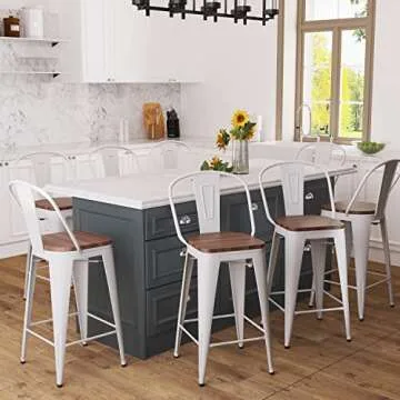 Aklaus Metal Bar Stools Set of 4,30 inch Barstools Bar Height Bar Stools with Backs Farmhouse Bar Stools with Larger Seat High Back Kitchen Dining Chairs Modern Bar Chairs White Cream Stools