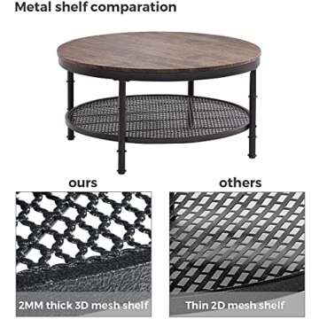 GreenForest Coffee Table Round Small Industrial 2-Tier Coffee Table with Storage for Living Room, Dark Walnut
