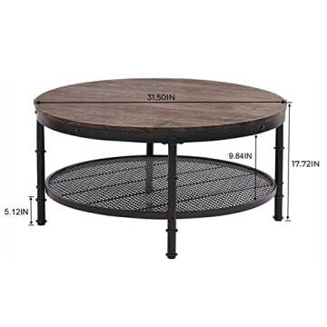 GreenForest Coffee Table Round Small Industrial 2-Tier Coffee Table with Storage for Living Room, Dark Walnut