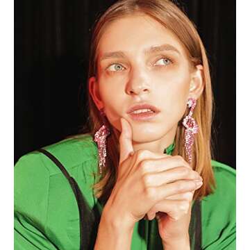 Fashion jewelry womens pink flamingo rhinestone large statement dangle drop earrings