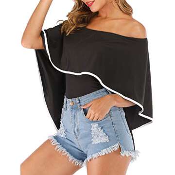 Cuihur Women's Off Shoulder Ruffle Bodysuit Summer Tops Casual Short Jumpsuits Bodysuits Black M