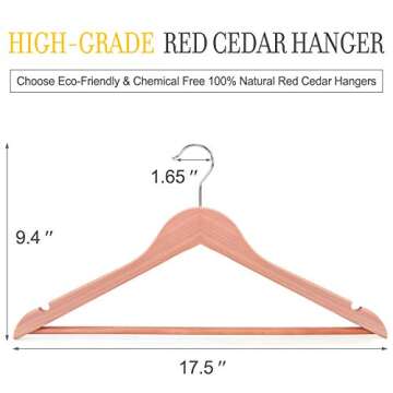 TOPIA HANGER American Red Cedar Wooden Hangers, Clothes Hangers for Closet, Wood Coat Hanger with Smooth Cut Notches, 360°Flexible Hook, Non-Slip Pants Bar,10 Pack-CT07C