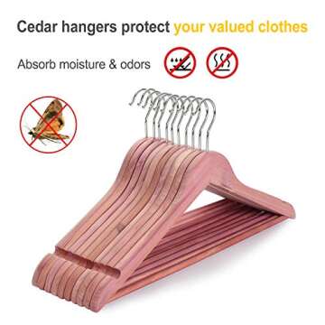 TOPIA HANGER American Red Cedar Wooden Hangers, Clothes Hangers for Closet, Wood Coat Hanger with Smooth Cut Notches, 360°Flexible Hook, Non-Slip Pants Bar,10 Pack-CT07C