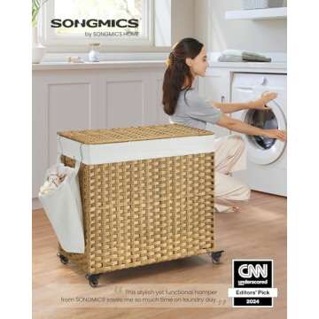 SONGMICS Laundry Hamper with Lid, 42.3 Gallons (160 L), Rolling Laundry Basket with Wheels, 3-Sectio...