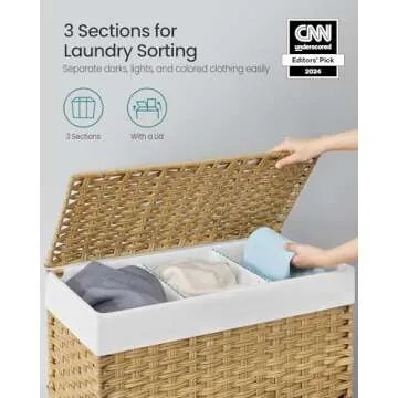 SONGMICS Laundry Hamper with Lid, 42.3 Gallons (160 L), Rolling Laundry Basket with Wheels, 3-Section Synthetic Rattan, Removable Liner, Bedroom, 27.6 x 14.2 x 26 Inches, Natural ULCB365N01